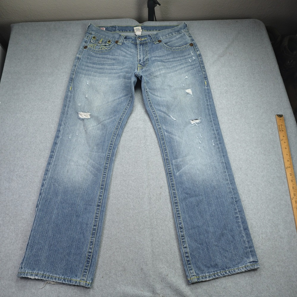 True Religion Jeans Mens‎ 38 Blue Joey Distressed Skull Rose Patch Denim USA